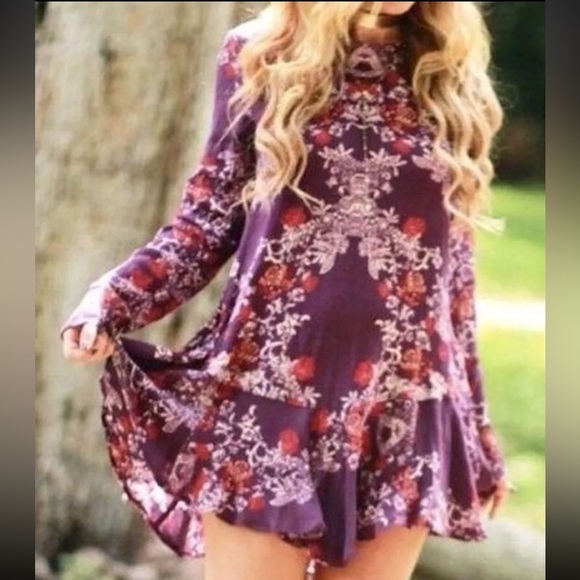 Free People Purple Floral Smooth Talker Long Sleeve Dress - Picture 1 of 13